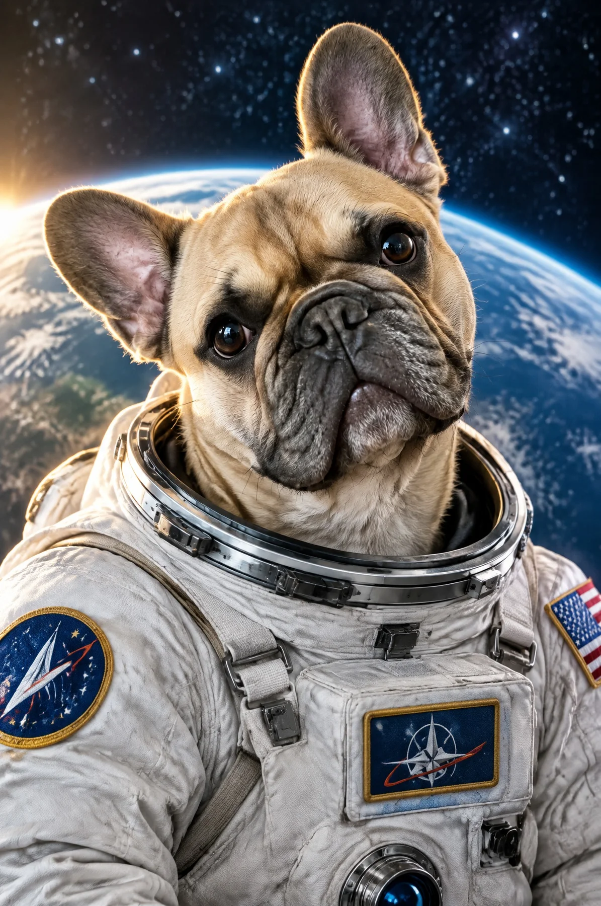 Astronaut portrait of a French bulldog