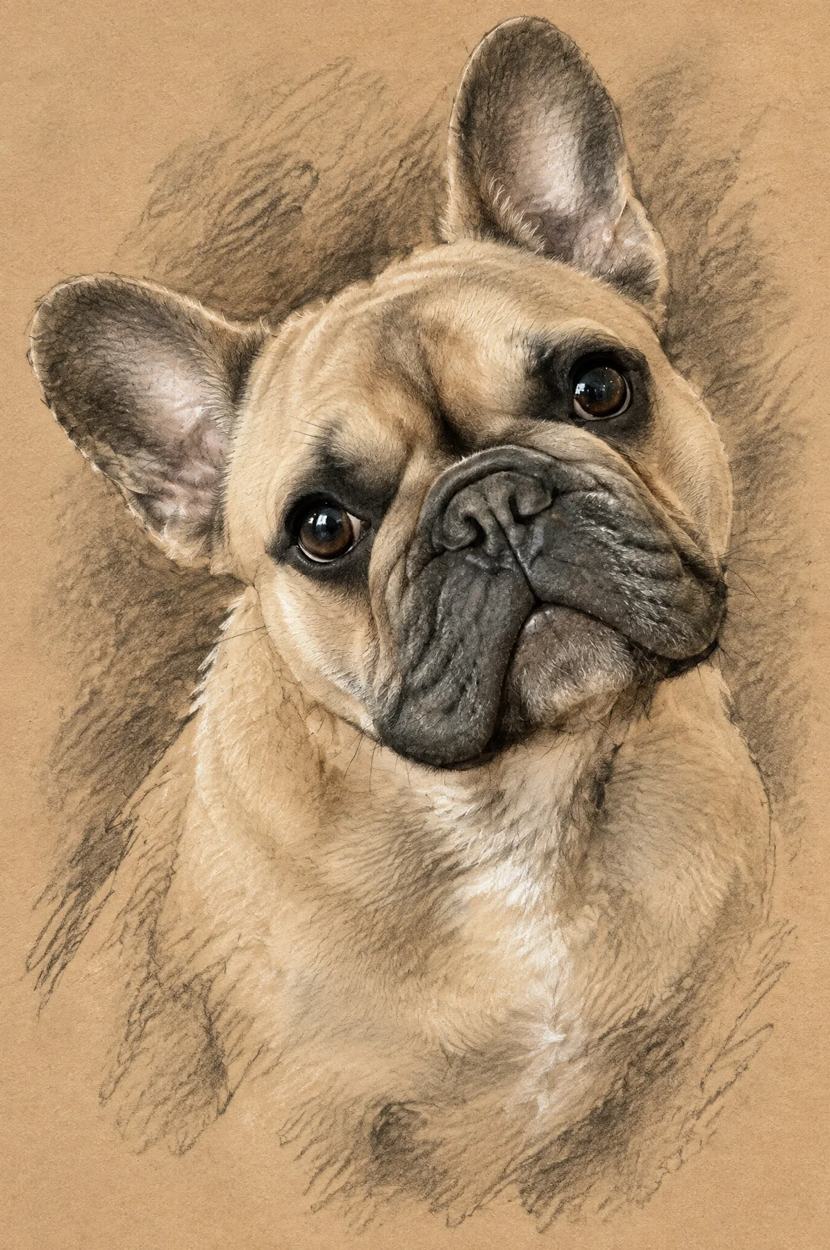 Charcoal Sketch portrait of a French bulldog